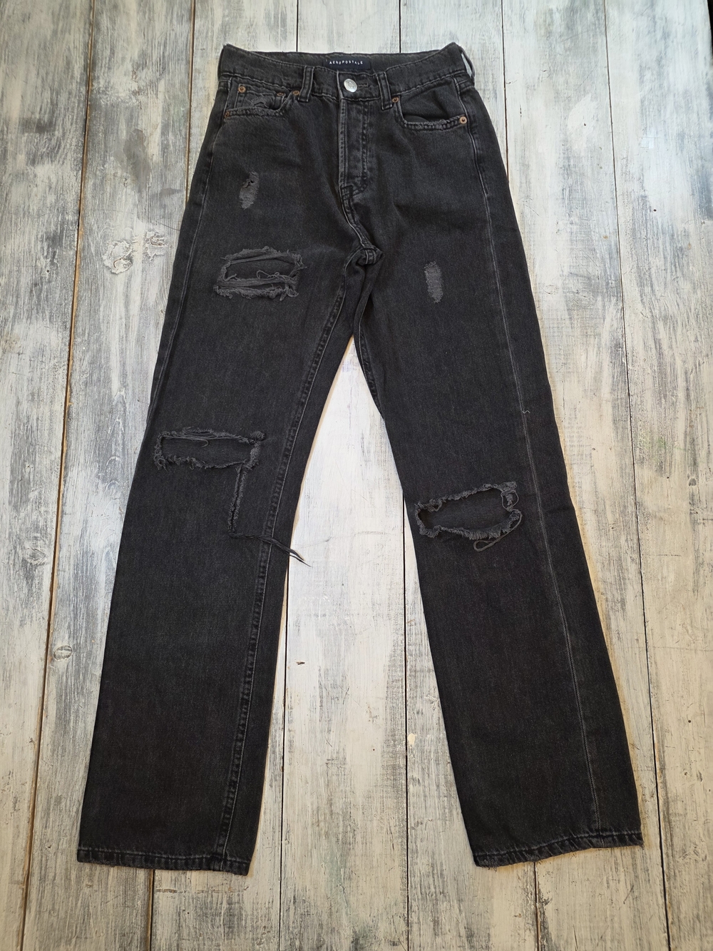 Aeropostale Women's Black Distressed 90s Baggy Straight Leg Jeans sz 00